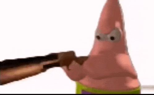 patrick star from spongebob squarepants is being punched by a person holding a gun .