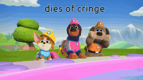 three cartoon dogs are standing next to each other with the words dies of cringe written above them