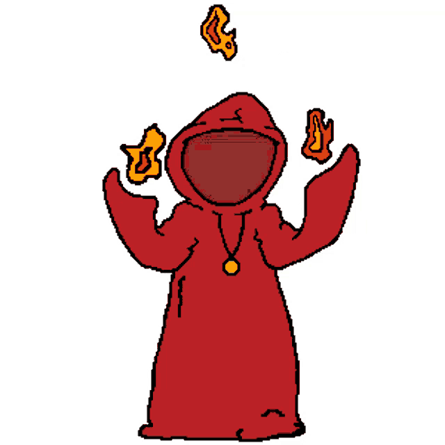 a cartoon drawing of a person in a red robe with flames in their hands