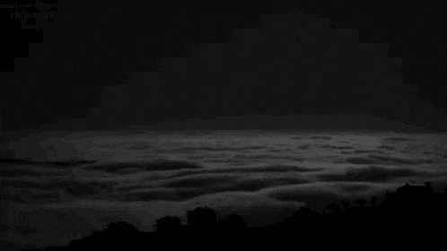 a black and white photo of a cloudy sky at night with a few trees in the foreground .