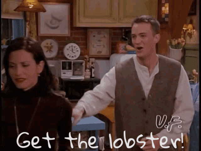 a man and a woman are standing in a kitchen with the words get the lobster written below them