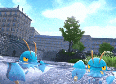 a group of blue cartoon characters are swimming in a body of water