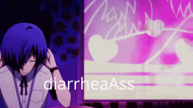 a blue haired anime character with diarrhea ass written on the screen