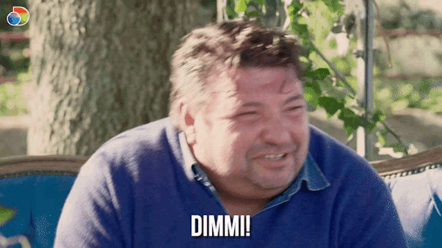 a man in a blue shirt says dimmi while sitting on a couch