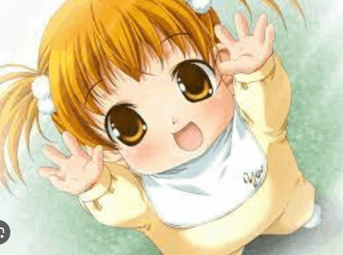 a little girl with big eyes is wearing a bib and waving her hands .