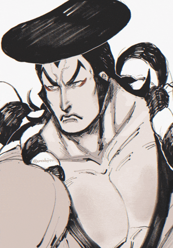 a black and white drawing of a man with a black hat on