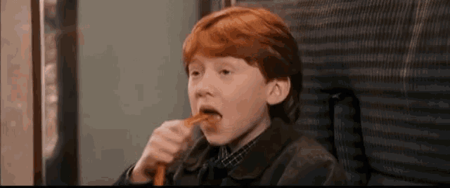 a young boy with red hair is eating a carrot