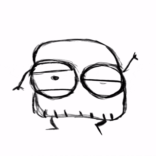 a black and white drawing of a cartoon character with glasses