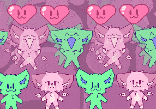 a pixel art drawing of a cat with hearts on its face