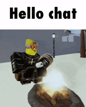 a cartoon character sitting in front of a fire with the words hello chat below him