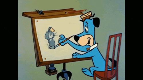 a cartoon dog is painting a picture of a mouse on a board .