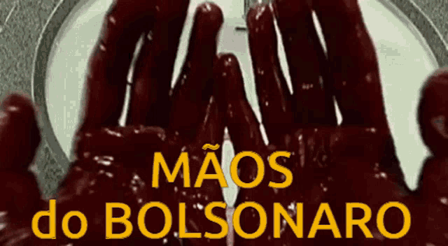 a poster with bloody hands and the words " mãos do bolsonaro " on it