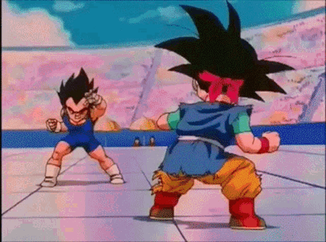 a couple of cartoon characters are standing next to each other on a basketball court .
