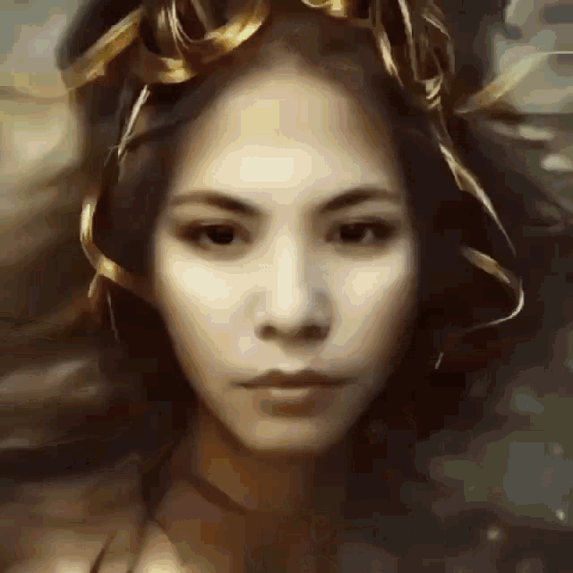 a close up of a woman 's face with a gold ribbon in her hair .