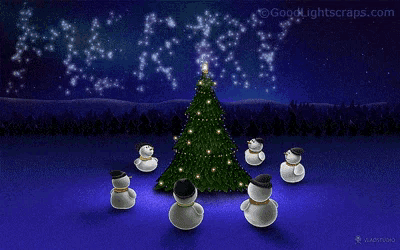a group of snowmen standing around a christmas tree with the website goodlightsscrape.com in the corner