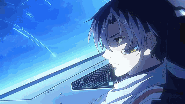 a cartoon character looking out a window with a blue screen behind him that says 003.12