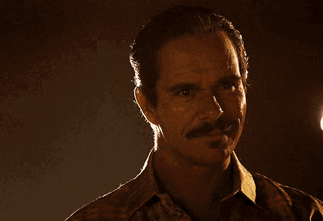 a man with a mustache looks at the camera with a dark background