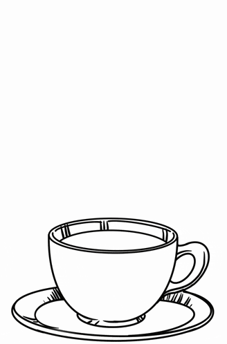 a black and white drawing of a cup of tea with a flower on the saucer .