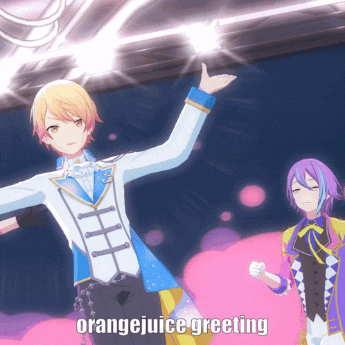 two anime characters are standing next to each other with the words orangejuice greeting below them