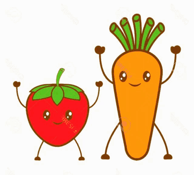 a carrot and a strawberry with faces and hands