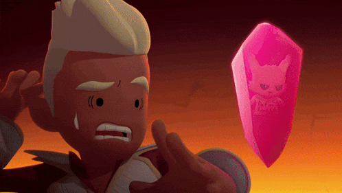 a cartoon character is looking at a pink crystal with a cat inside of it