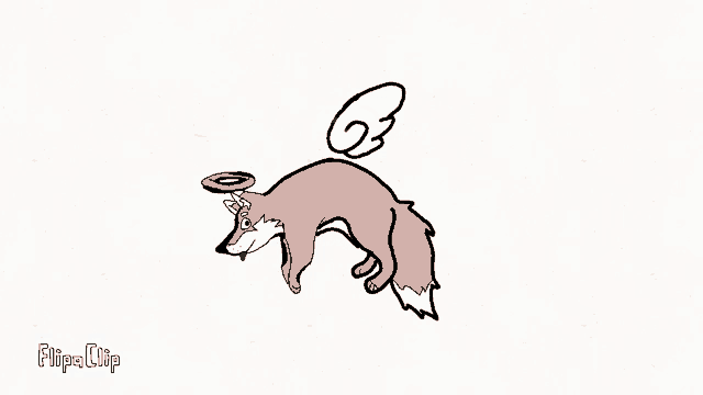 a cartoon drawing of a fox with wings and a halo