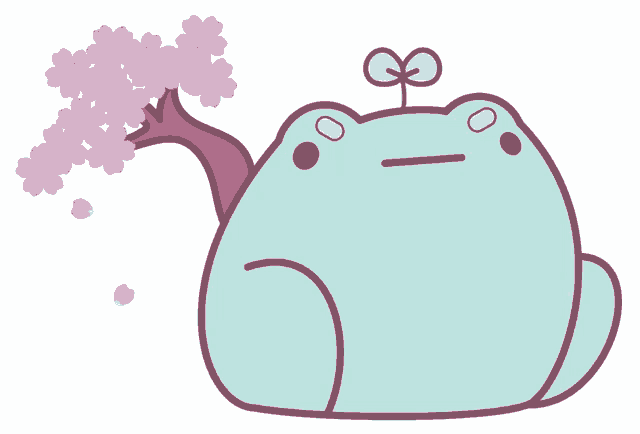 a blue frog with a tree with pink flowers on it