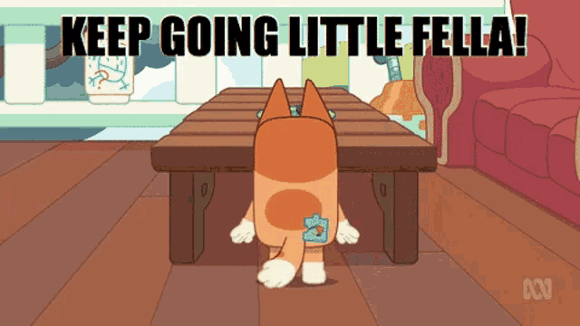 a cartoon of a cat sitting under a table with the words keep going little fella