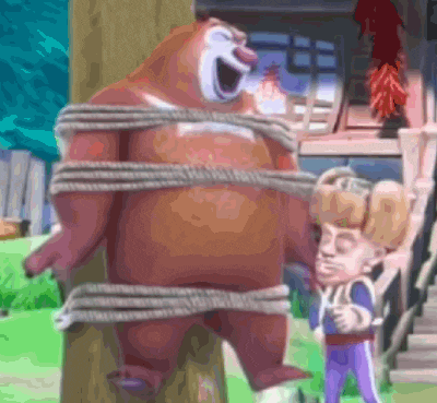 a cartoon bear is tied up with rope and standing next to a man .