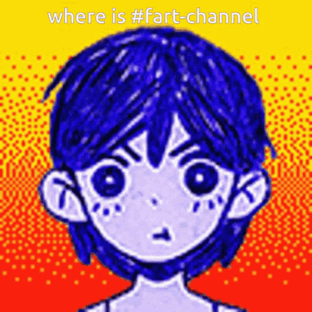 a drawing of a boy with blue hair and the words where is #fart-channel on the bottom