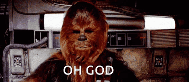 chewbacca from star wars says oh god in front of a machine