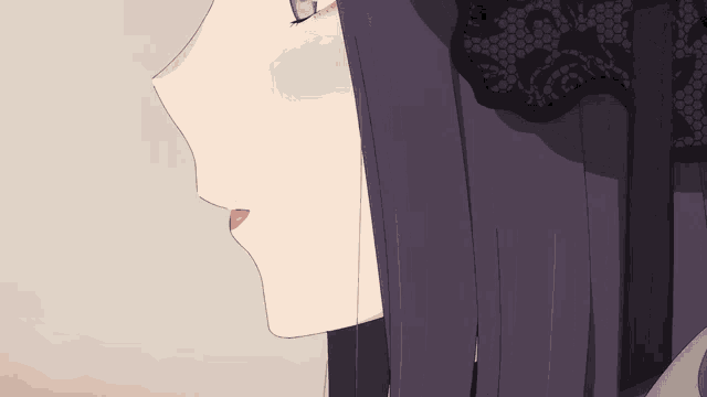 a close up of a girl 's face with purple eyes and red lips