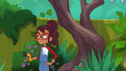 a cartoon girl with glasses is holding a hose