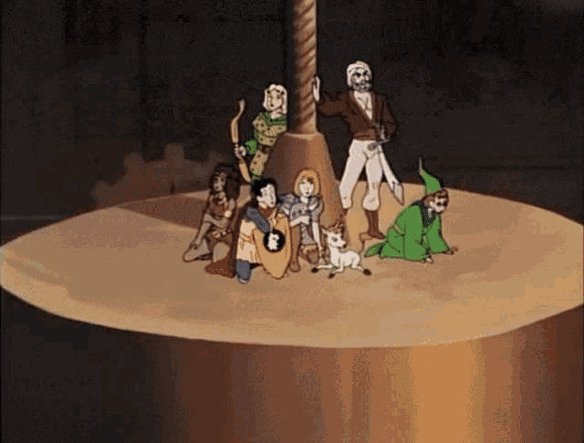 a group of cartoon characters are standing around a circular object