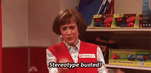 a woman is wearing a target vest and says stereotype busted .