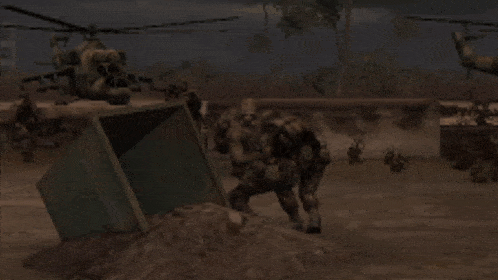 a helicopter is flying over a group of soldiers fighting a fire