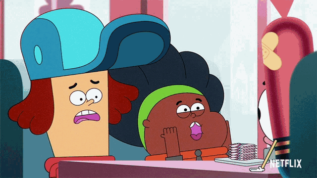 two cartoon characters sitting at a table with a netflix logo on the bottom