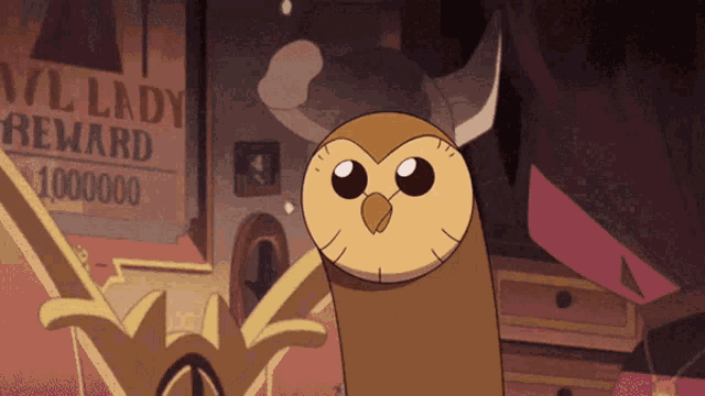 a cartoon owl is standing in front of an evil lady reward sign