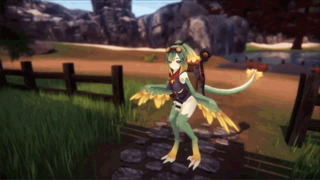 a cartoon character with wings is standing on a path
