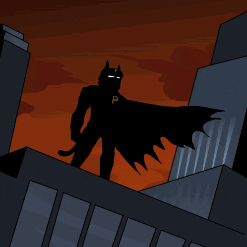a cartoon drawing of a man in a batman costume with a p on his chest