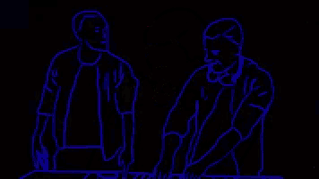 a drawing of two men standing next to each other at a table