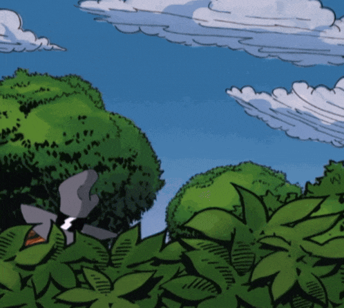 a cartoon drawing of a landscape with trees and a blue sky