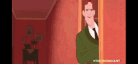 a cartoon of a man in a suit and tie peeking out of a door .