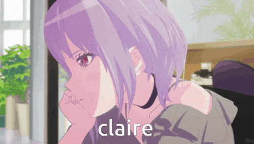 a purple haired anime girl with the name claire written on the bottom