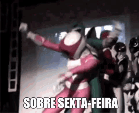 a group of power rangers are dancing on a stage with the words sobre sexta-feira in the background .