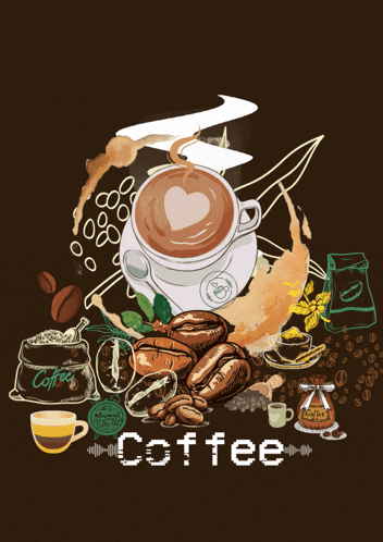 a drawing of a cup of coffee surrounded by coffee beans and the word coffee