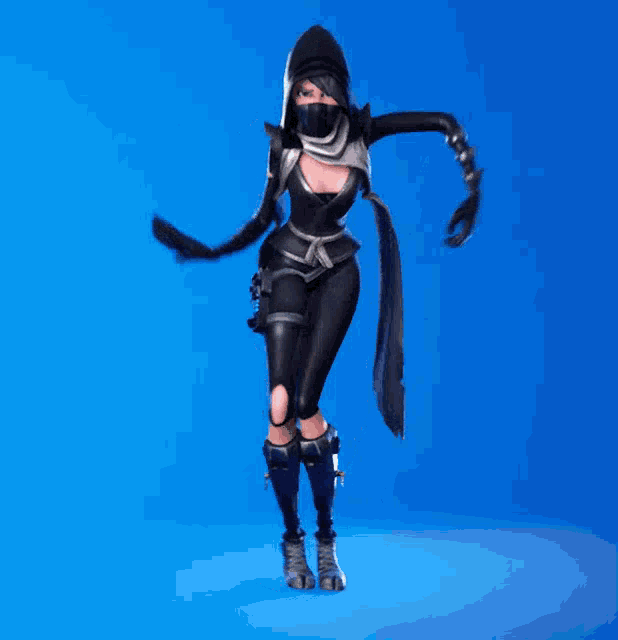 a woman in a black outfit is dancing on a blue background