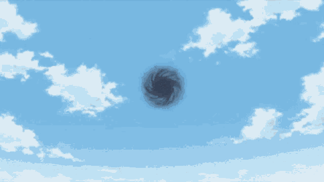 a black hole in the middle of a blue sky with white clouds
