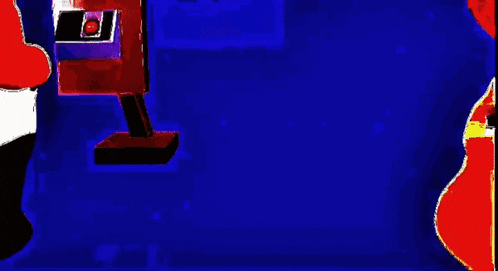 a cartoon character is making a funny face while standing next to another cartoon character on a blue background .