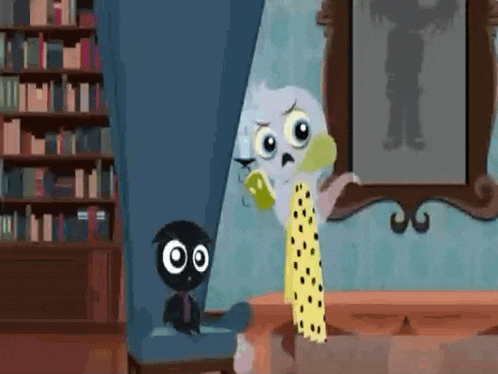 a cartoon owl is standing next to a small black owl in a room .